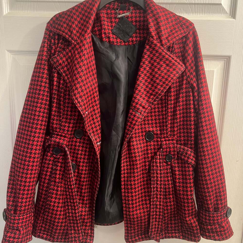 Jou Jou Red and Black Houndstooth Pea Coat